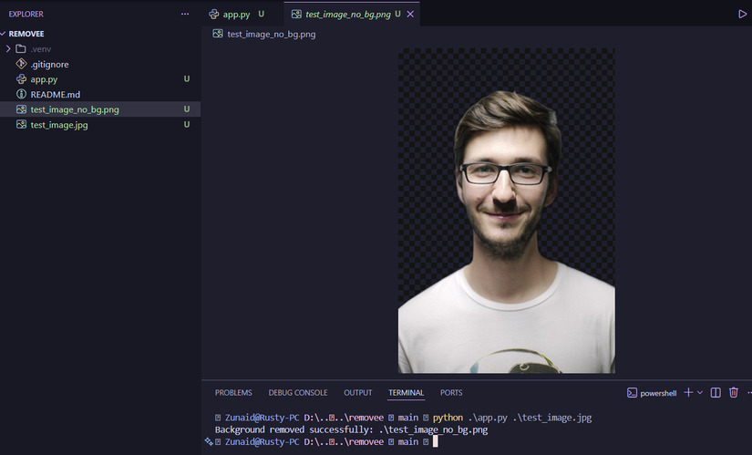 Python background remover program with user input support for file names.