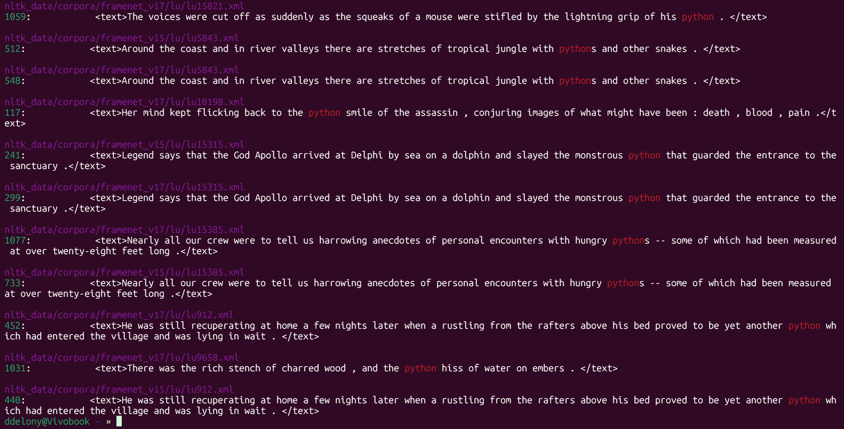 ripgrep search for "python" in the terminal.