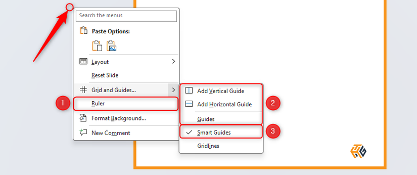 PowerPoint の[グレー領域]メニューで[ルーラー、ガイド、スマート ガイド]を右クリックします。