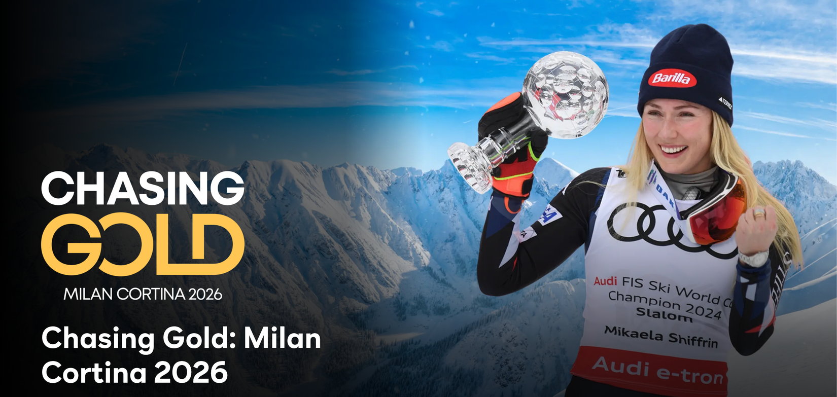 Screenshot from Chasing Gold: Title page of Milan Cortina 2026 on Peacock, featuring athlete Mikaela Shiffrin in front of snow-capped mountains.