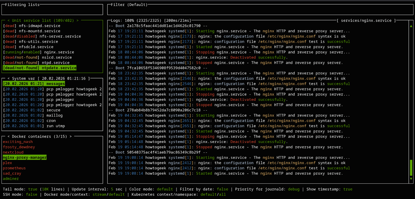 Screenshot of using lazyjouranl tool to view nginx log