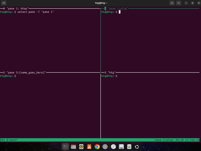 Screenshot showing a 4-pane tmux terminal dashboard