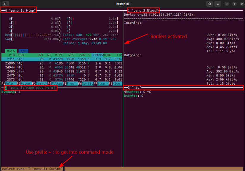 Screenshot showing how to get into tmux's command mode, activate borders, and name panes