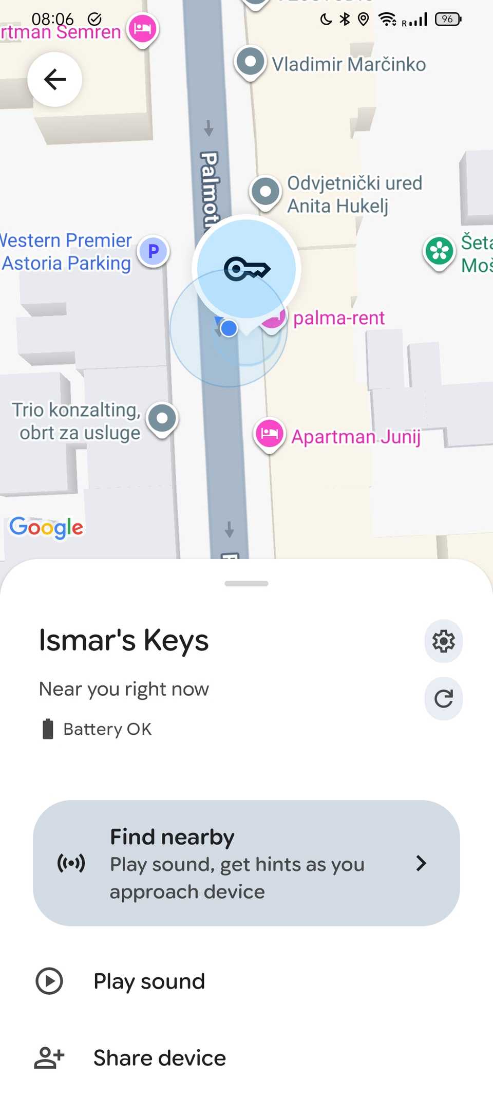 A screenshot from the Google Find Hub app.