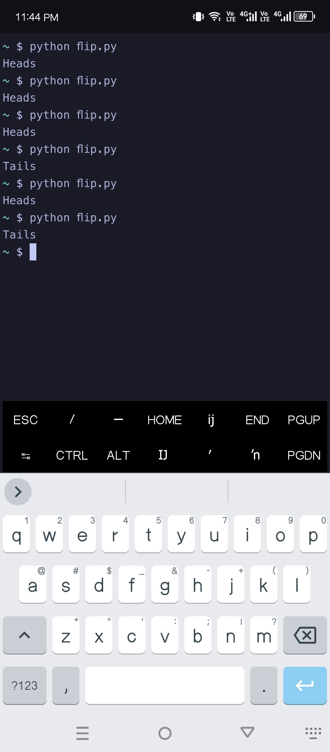 Python script that simulates coin flips.