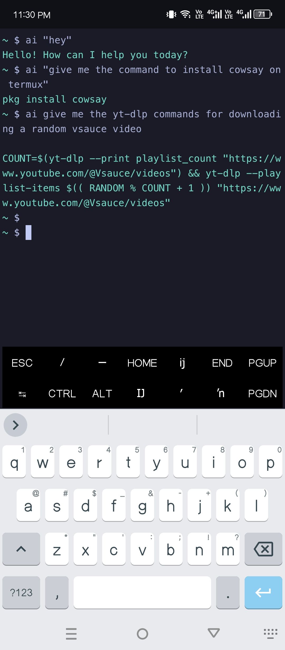Using an AI assistant in Termux.