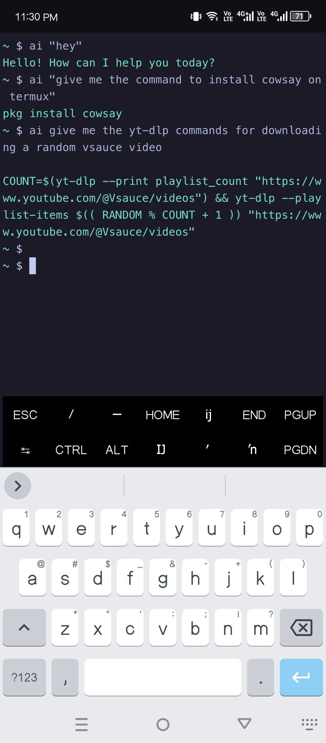 Using an AI assistant in Termux.