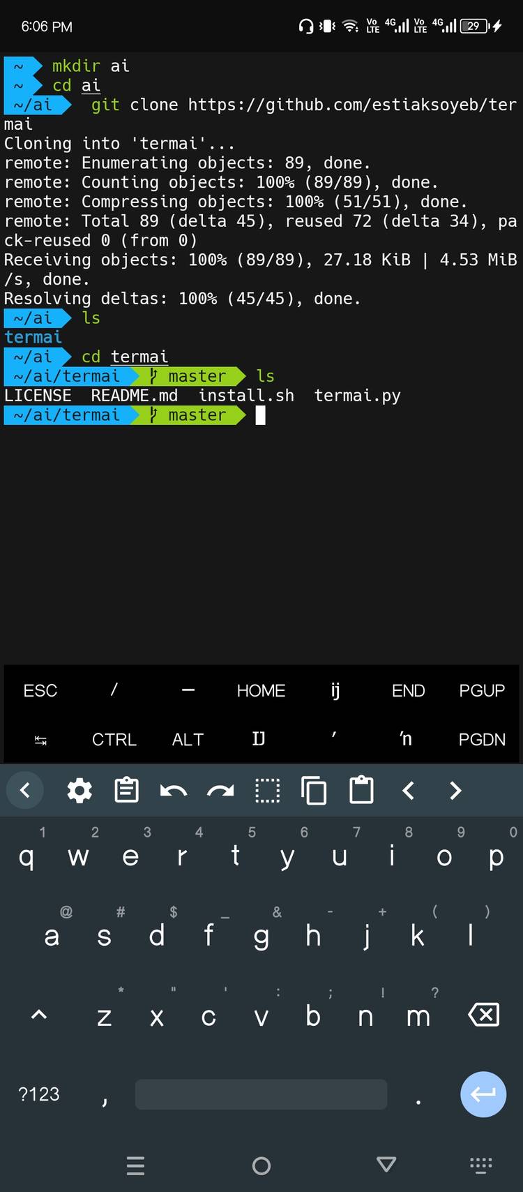 Installing the AI assistant tool with Termux.