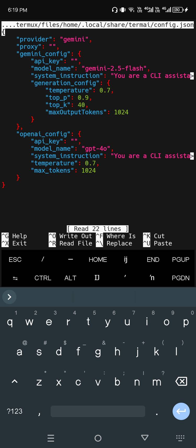 Configuring the AI tool in Termux.