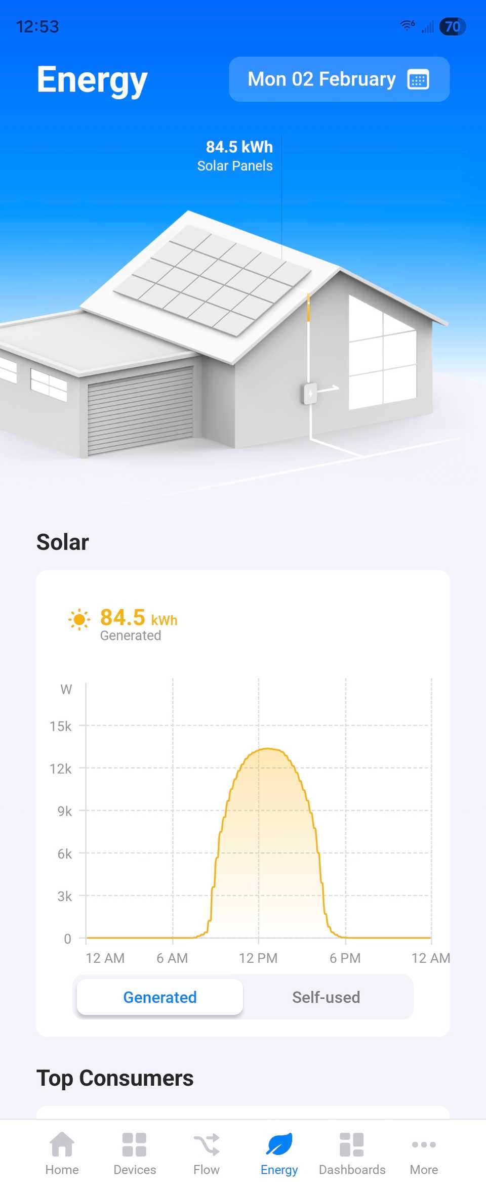 Solar energy production in the Homey Android app.