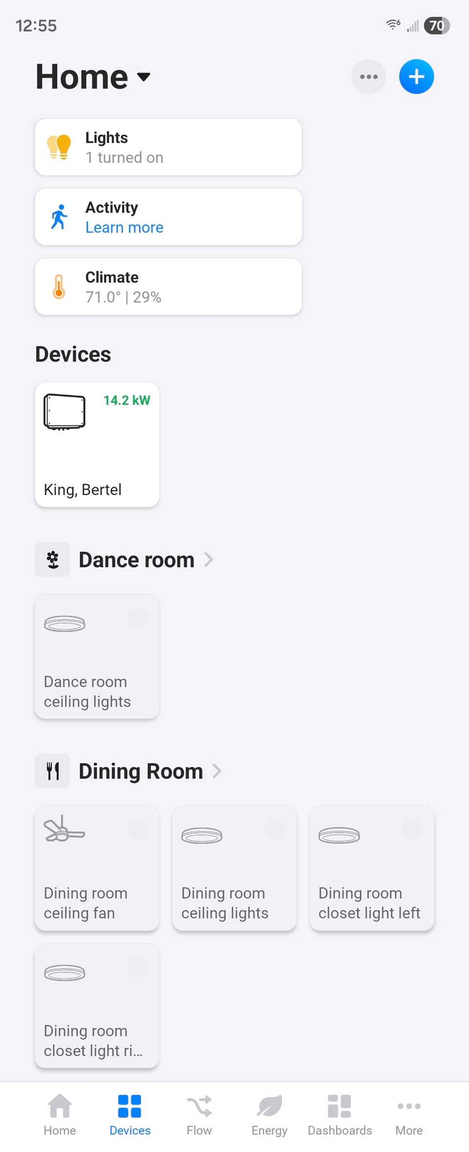 Smart home devices in the Homey Android app.