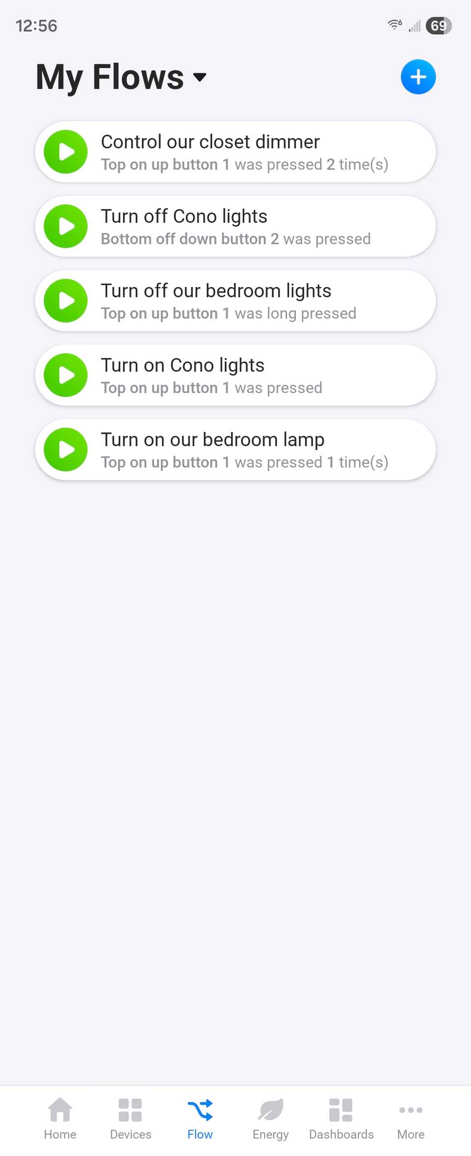 A list of automations in the Homey Android app.