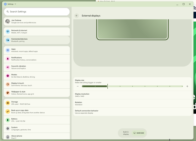 Android desktop mode external display settings.