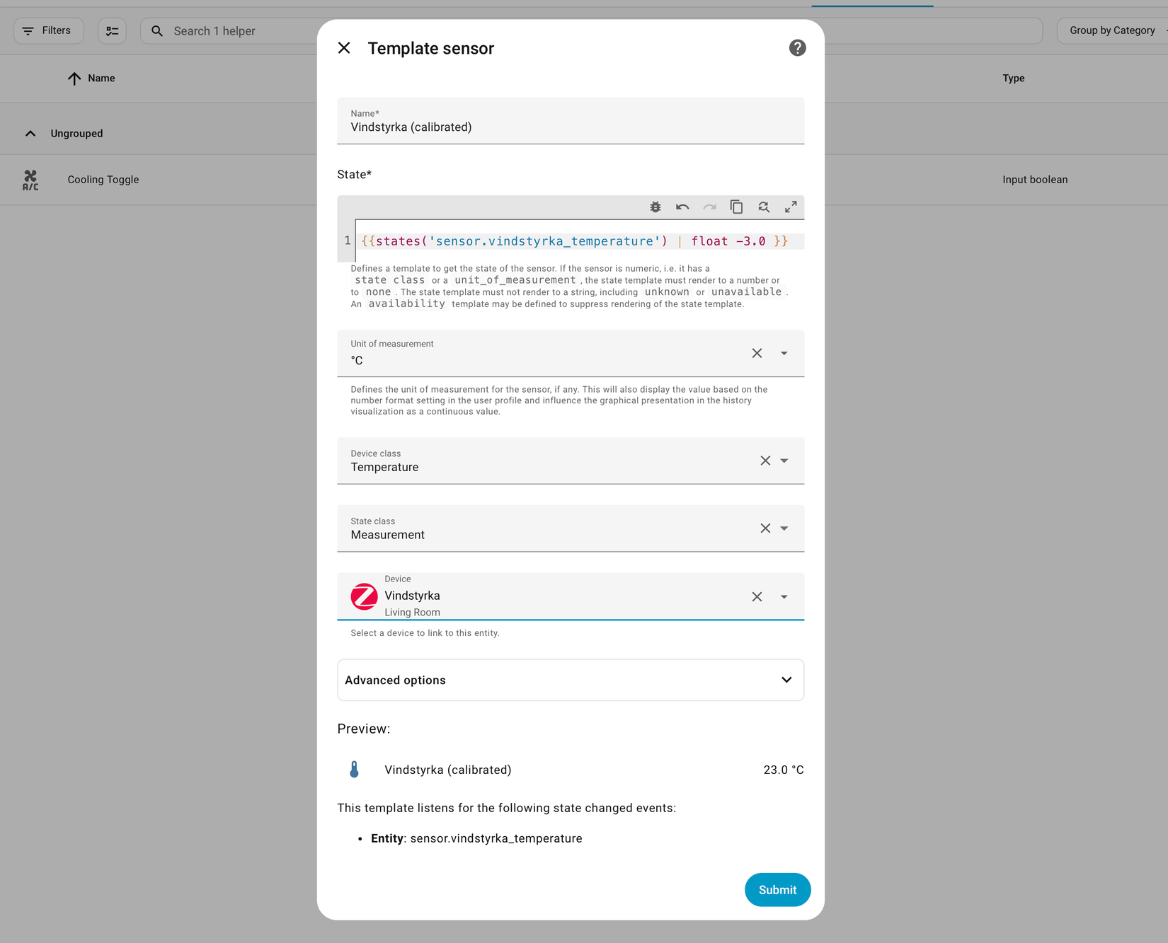 Setting up a new sensor helper in Home Assistant.