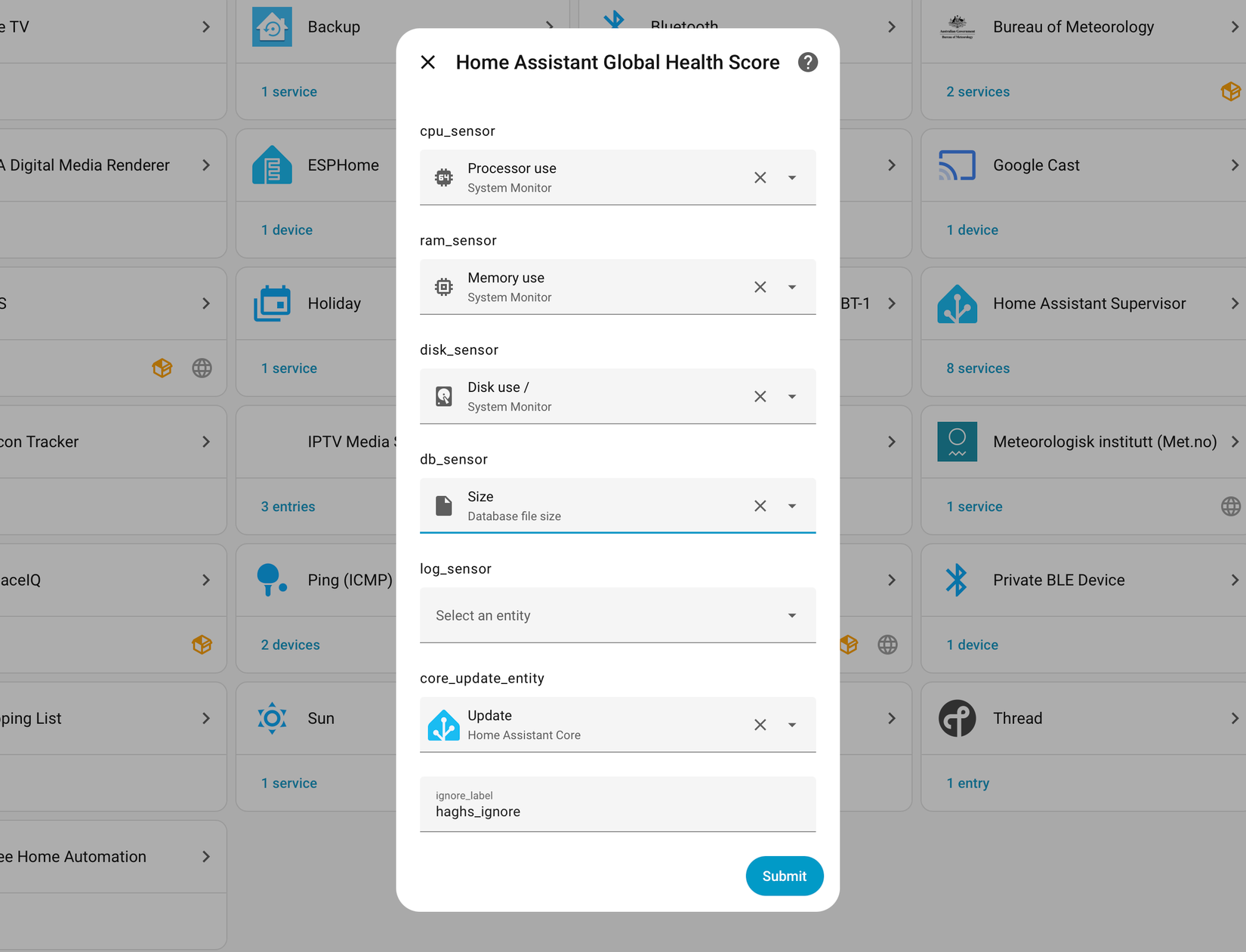 Setting up the Home Assistant Global Health Score integration.
