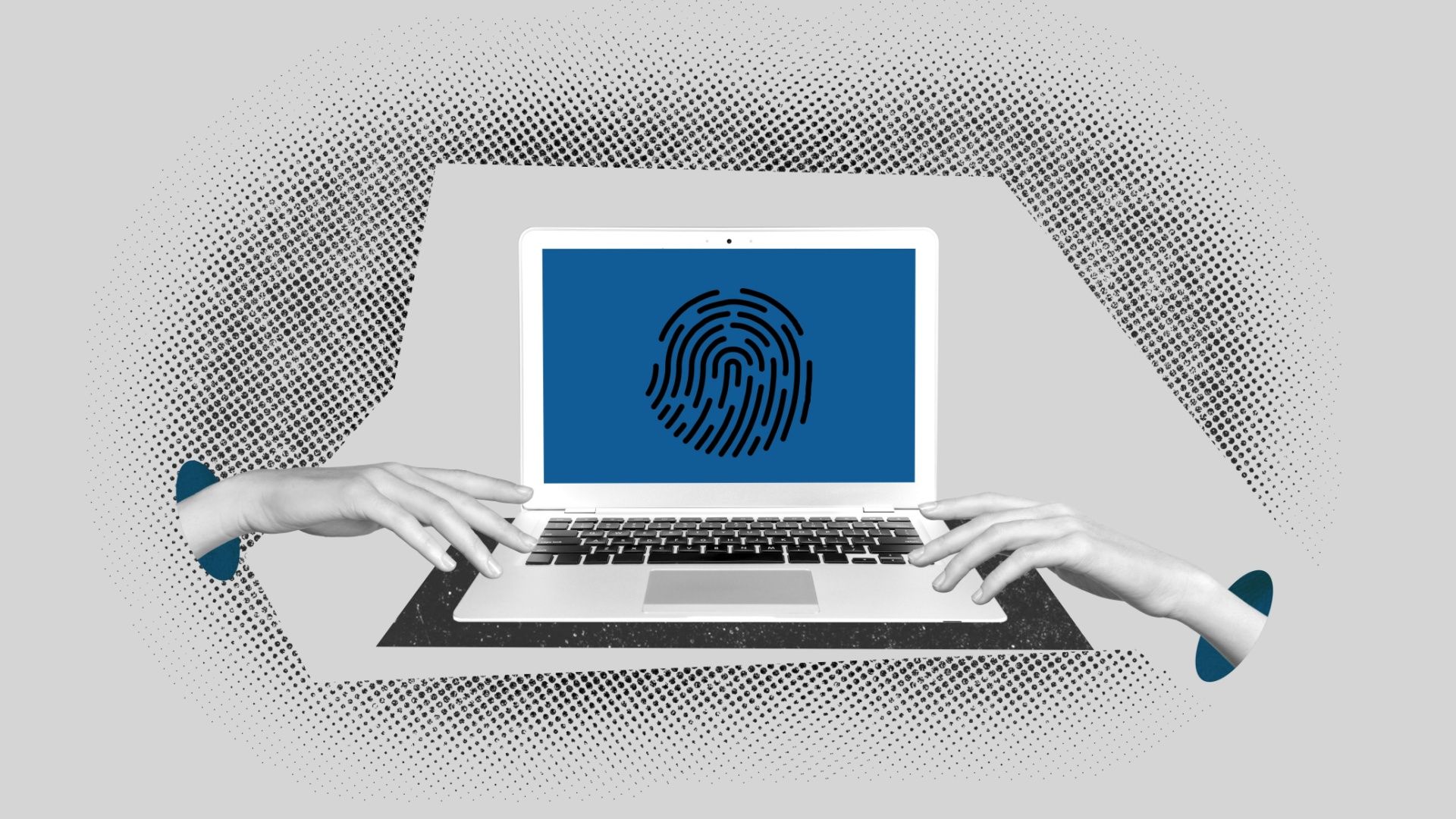 Illustration of two ahnds reaching out to a laptop with an image of a fingerprint on the screen.