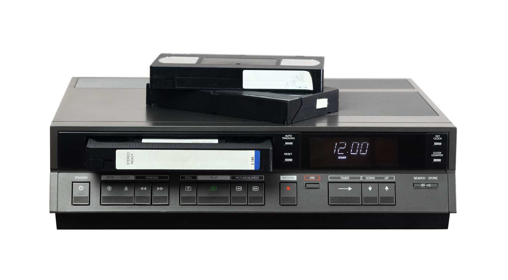 Old vintage VCR from the 1980s with video cassette.