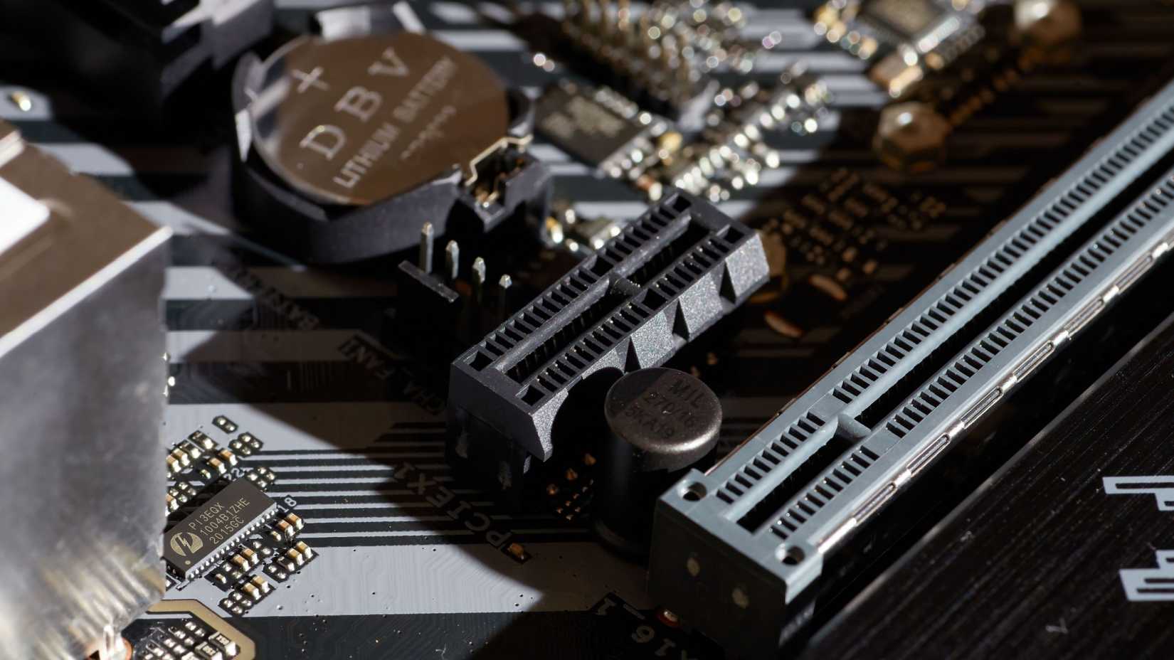 Close-up shot of a motherboard PCIe slot.