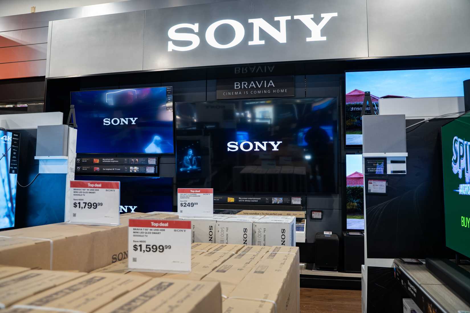 Sony TVs in a store display.