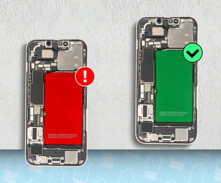 Split screen of two open phones, one with a red battery and one with a green battery.