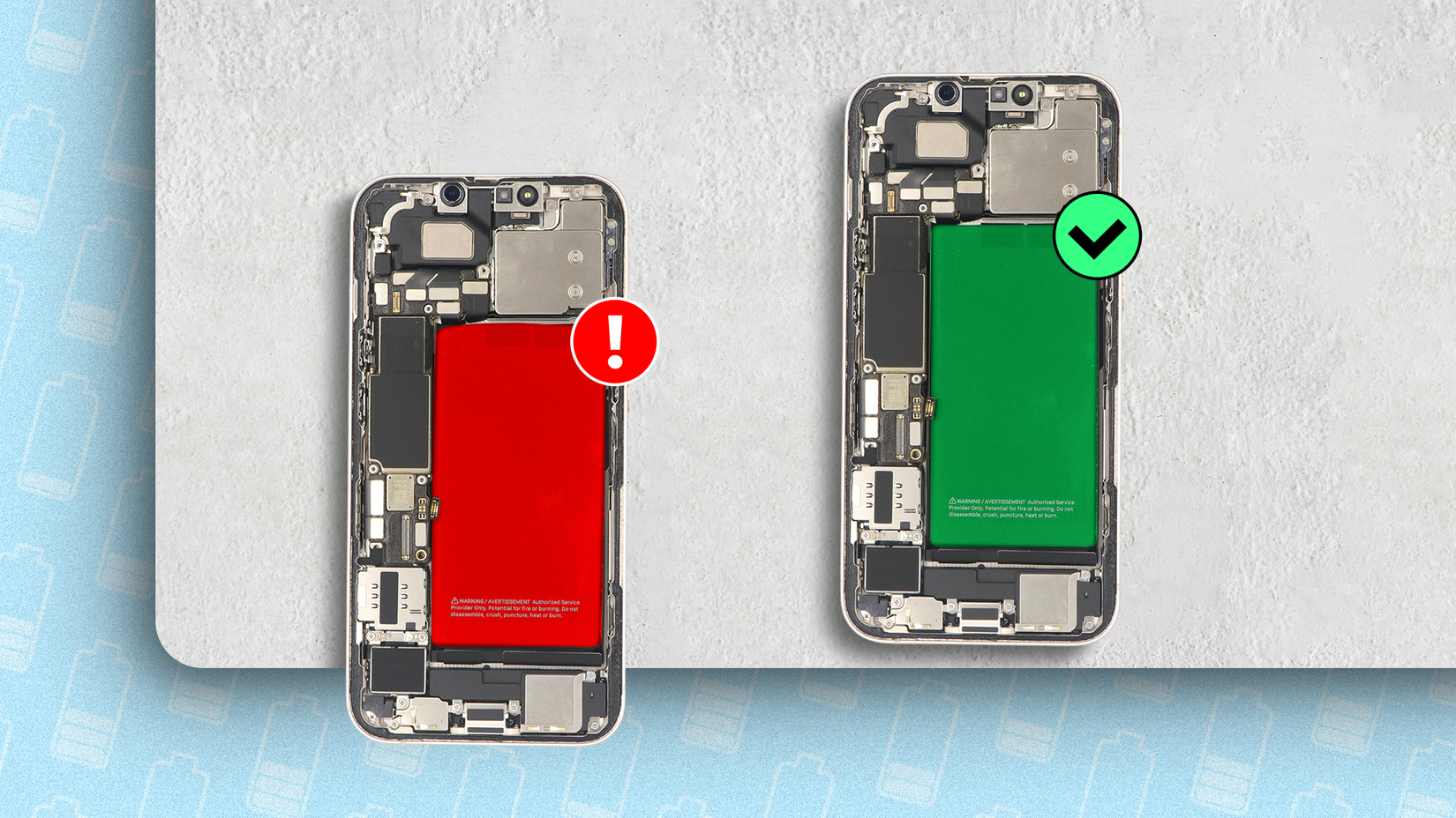 Split screen of two open phones, one with a red battery and one with a green battery.