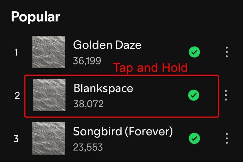A list of popular songs on an artist page in the Spotify Android app. 