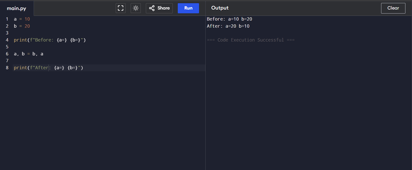 Обмен значениями двух переменных через распаковку кортежа в Python.