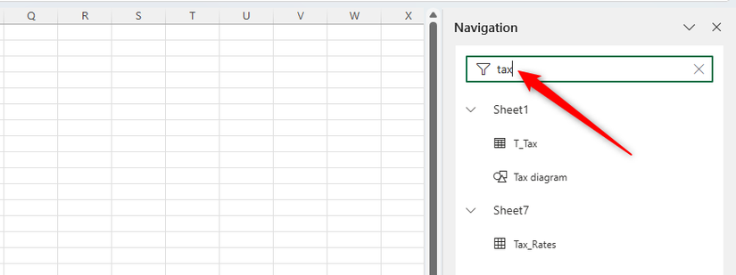 Tax is typed into Excel's Navigation pane search bar, and all related objects, tables, and ranges appear in the result.
