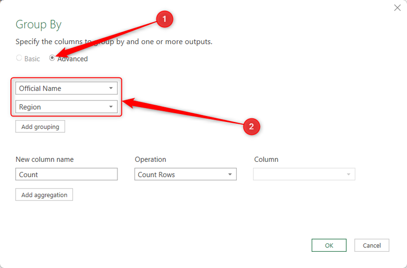The Advanced option in the Power Query Group By dialog is checked, and the Official Name and Region columns are selected.