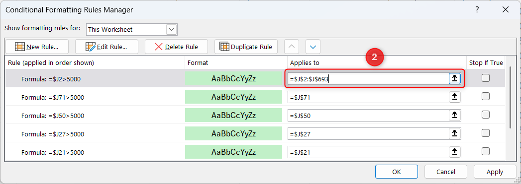 The Applies to field for a rule in Rules Manager is edited so it applies to the intended range.