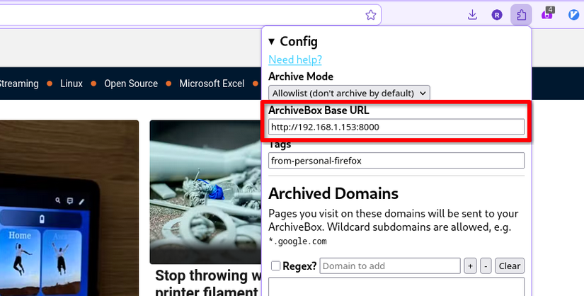 The ArchiveBox Exporter extension settings in Firefox with a red box around the server address field.