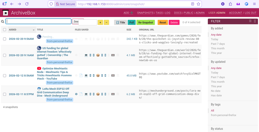The ArchiveBox web interface showing four websites saved.
