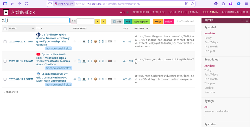The ArchiveBox web interface showing three websites saved.