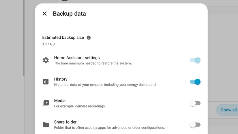 The backup data settings in Home Assistant.