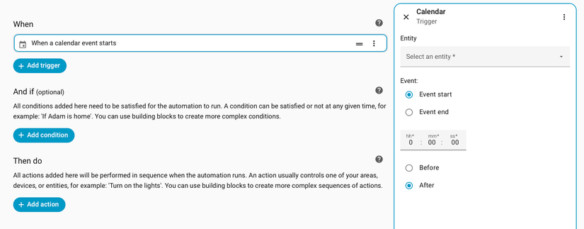 The calendar trigger in an automation in Home Assistant.