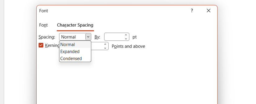PowerPoint の[フォント]ダイアログの[文字間隔]タブ。