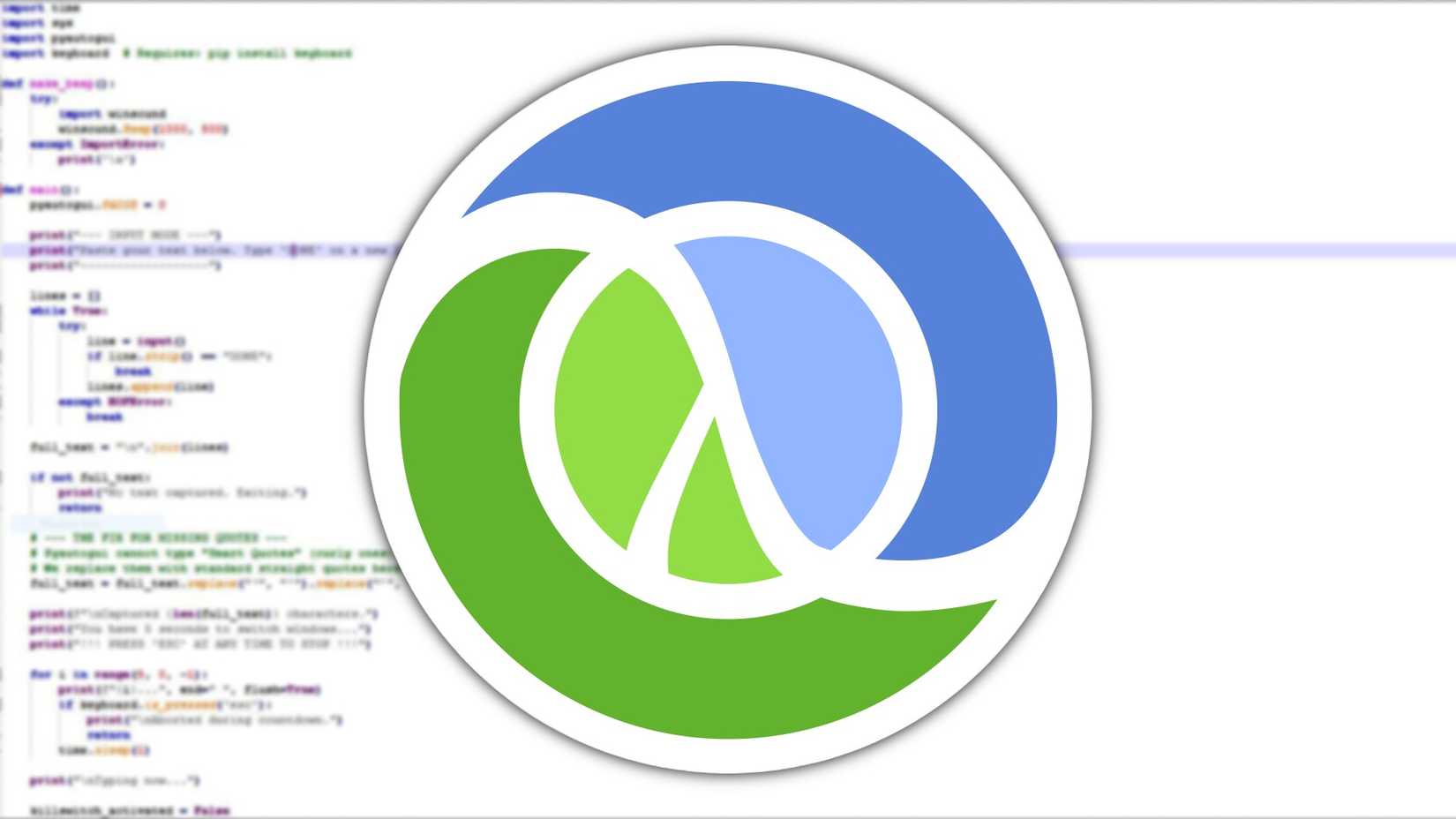 The Clojure logo with code in the background