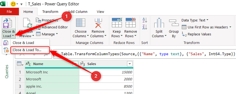 The Close and Load drop-down menu in Power Query Editor is expanded, and Close and Load To is selected.