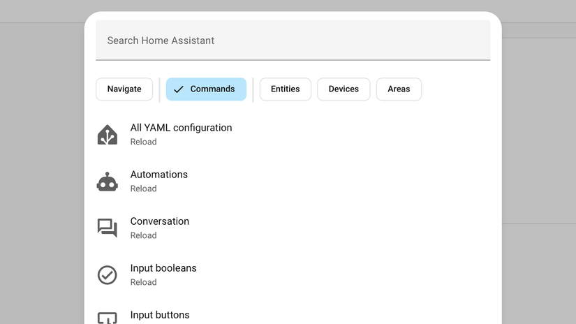 The Commands filter in the Quick Search bar in Home Assistant.