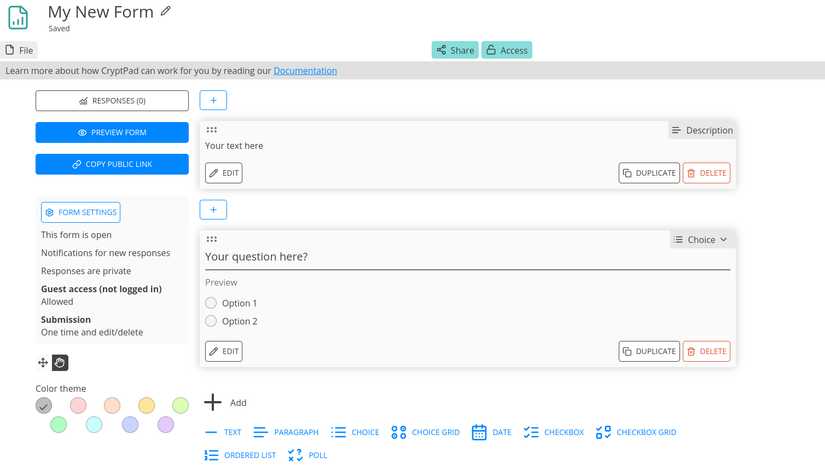 The CryptPad form editor interface.