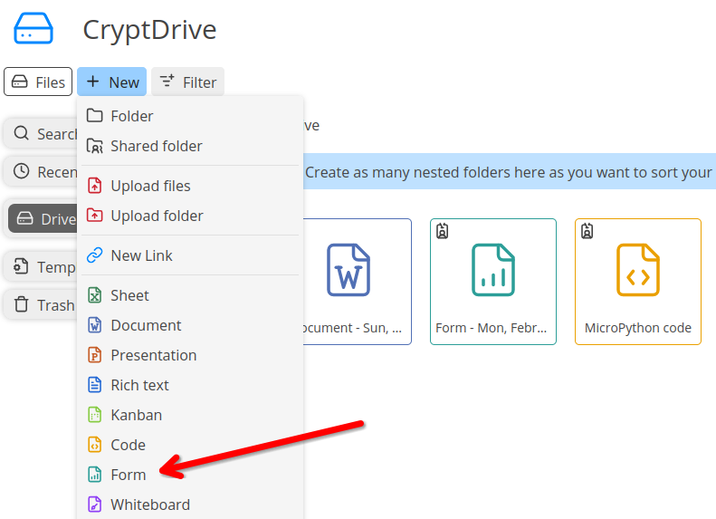 The CryptPad new menu with an arrow pointing to the Form option.