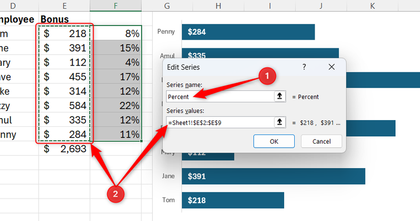 The Edit Series dialog in Excel, with the series named Percent and the cells containing the bonus values from a dataset selected for the series values.