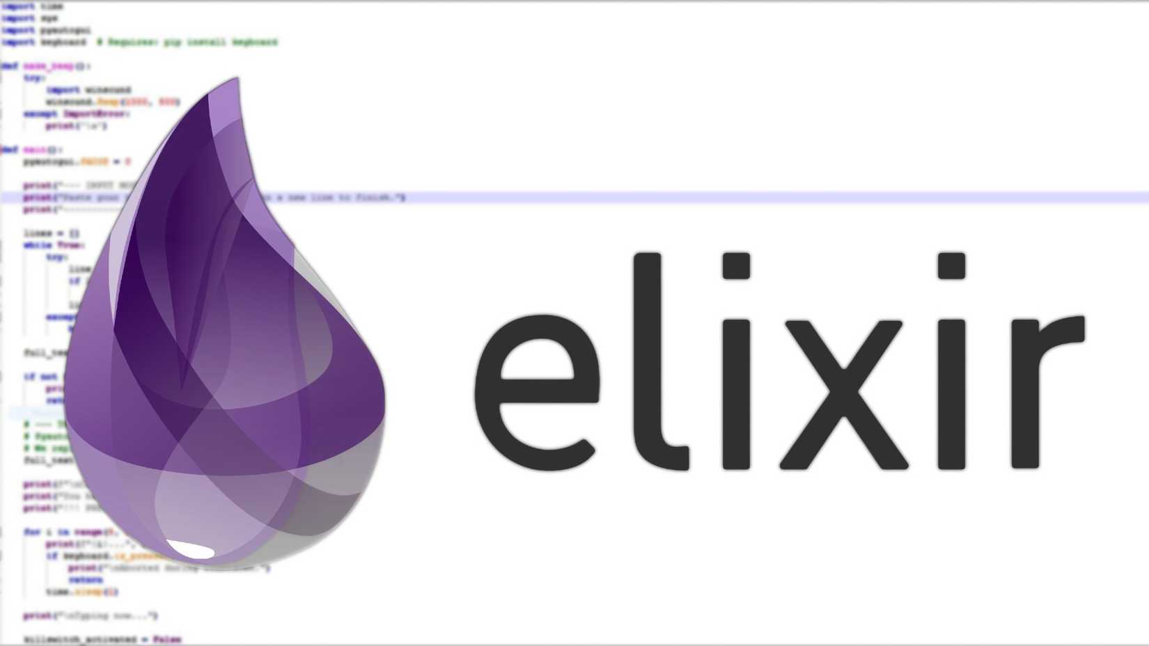 The Elixir logo with code in the background