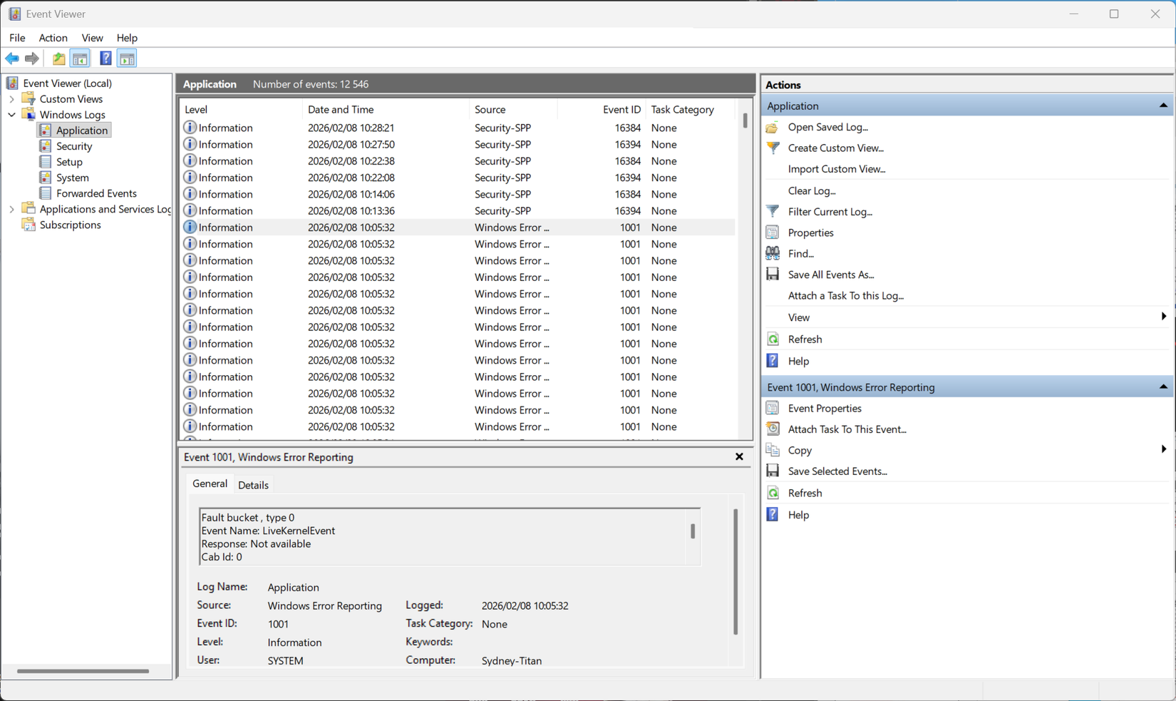The Event Viewer in Windows 11 showing a logged error.