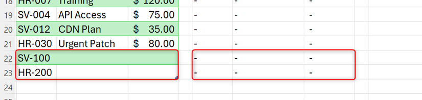 The EXPAND function causes additional dashes to be added to the bottom of a spilled FILTER result when an adjacent table expands downward.