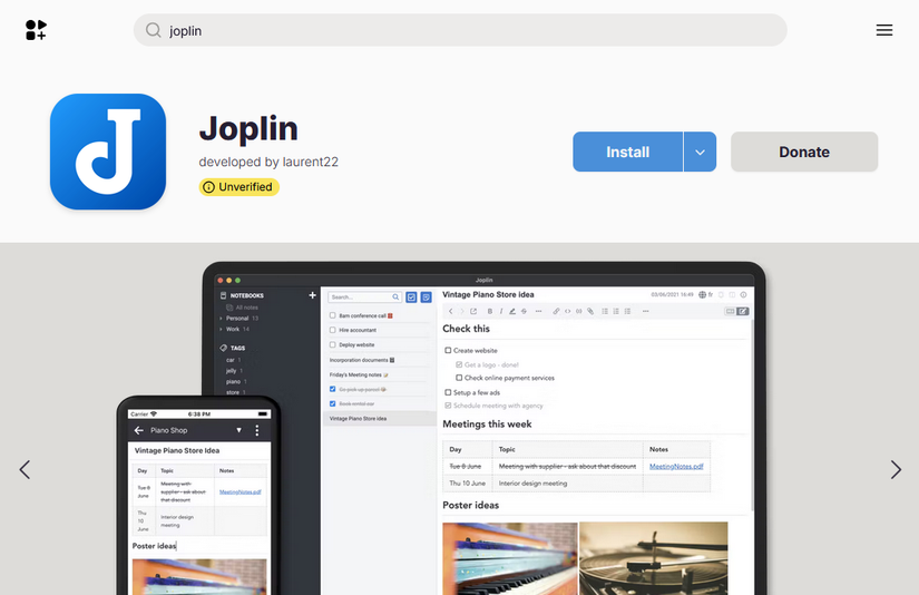 The Flathub page with Joplin open.