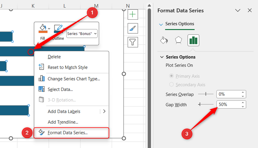 The Format Data Series menu for a bar chart in Excel is opened, and the gap width is changed to 50.