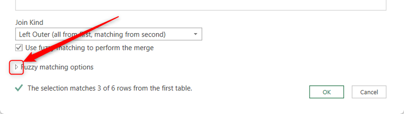 The Fuzzy matching expansion arrow in the Merge dialog in Excel.