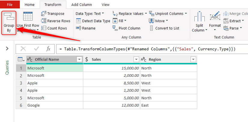 The Group By button in the Power Query Editor.
