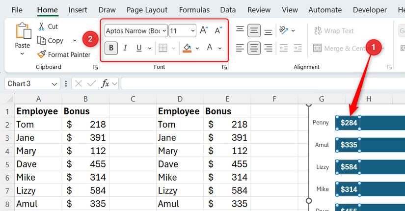 The inside base data labels of a bar chart in Microsoft Excel are formatted white and bold, size 11 pt.
